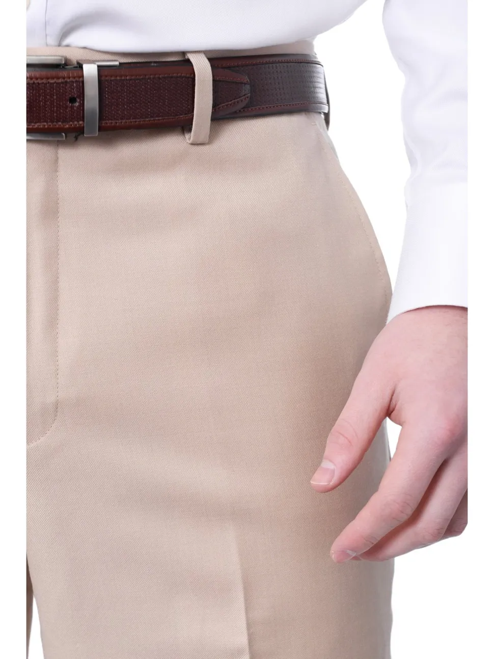 Mens Classic Fit Solid Light Tan Flat Front Wool Dress Pants