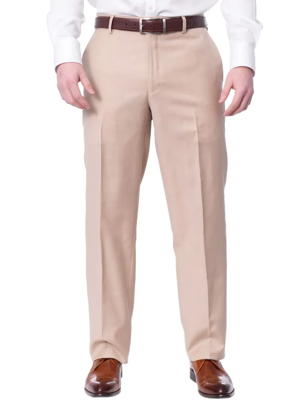 Mens Classic Fit Solid Light Tan Flat Front Wool Dress Pants