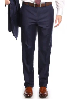 Mens Classic Fit Solid Navy Blue Flat Front Wool Dress Pants