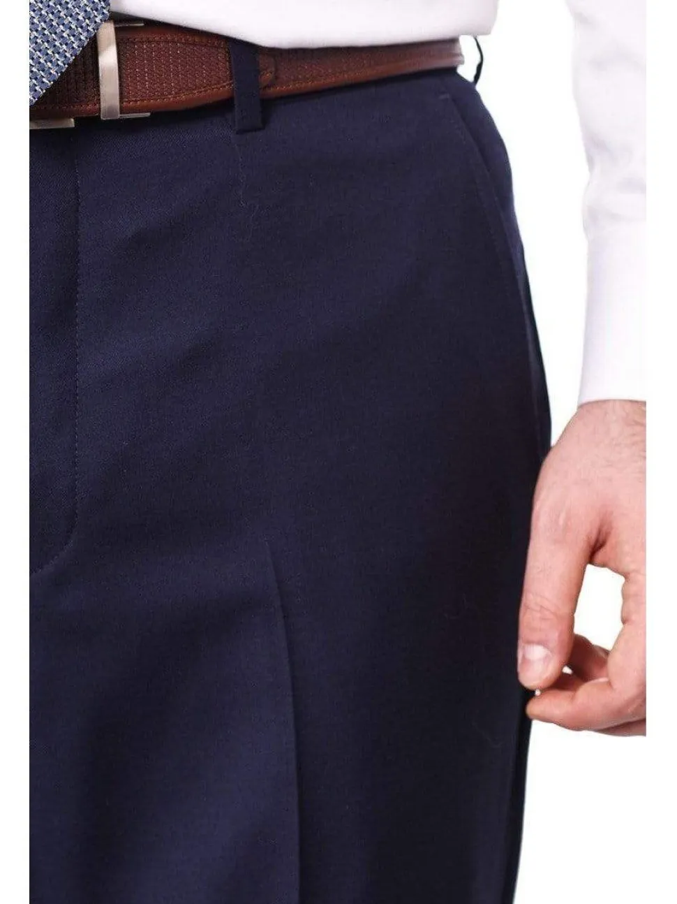 Mens Classic Fit Solid Navy Blue Flat Front Wool Dress Pants