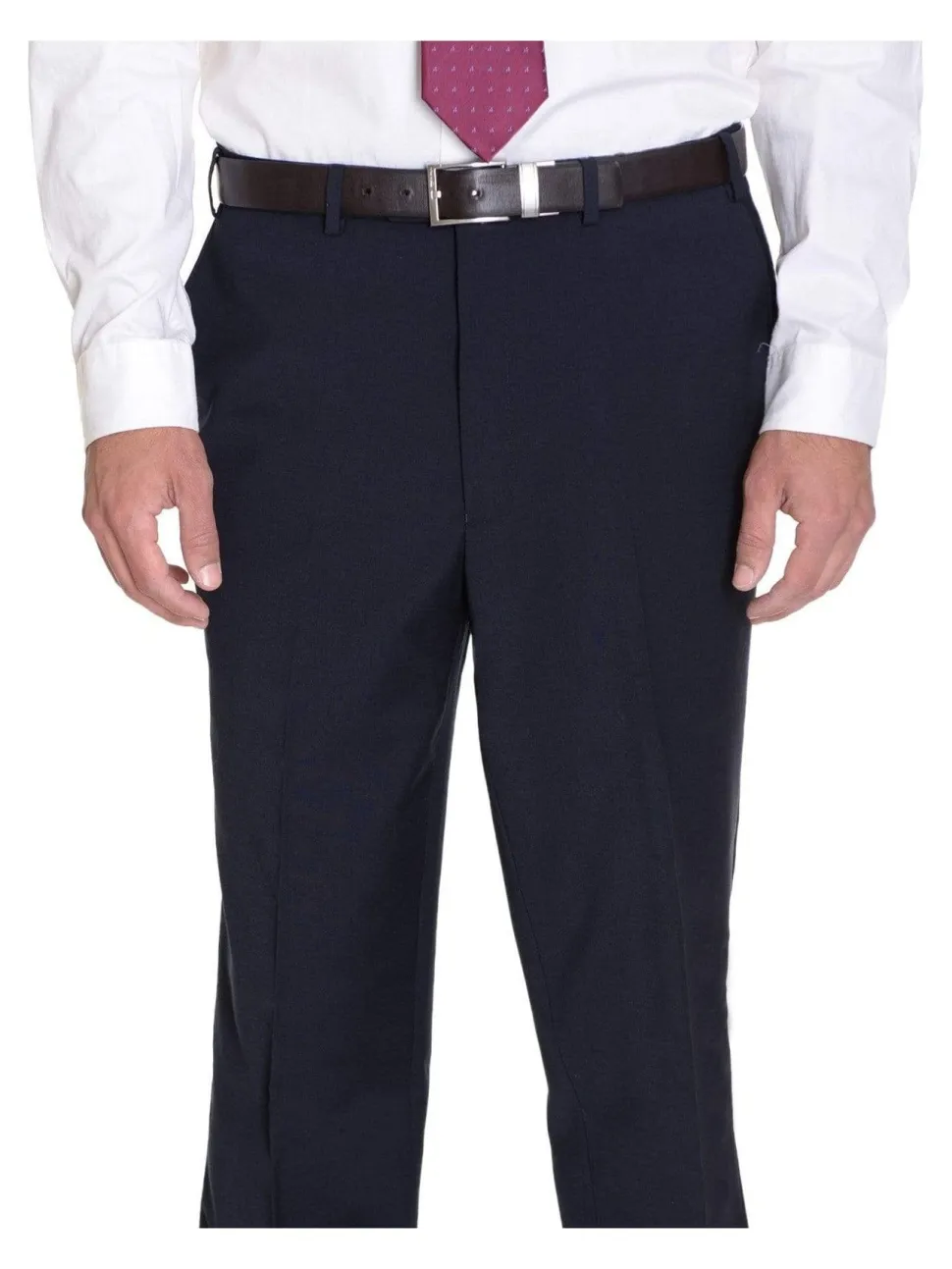Mens Classic Fit Solid Navy Blue Flat Front Wool Dress Pants