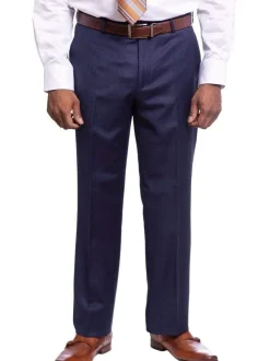 Mens Classic Fit Solid Navy Blue Double Breasted Wool Suit Peak Lapels