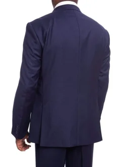 Mens Classic Fit Solid Navy Blue Double Breasted Wool Suit Peak Lapels
