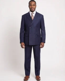 Mens Classic Fit Solid Navy Blue Double Breasted Wool Suit Peak Lapels