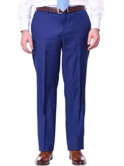 Mens Classic Fit Solid Royal Blue Flat Front Wool Dress Pants