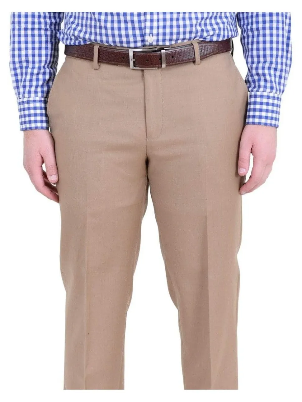 Mens Classic Fit Solid Tan Flat Front Wool Dress Pants