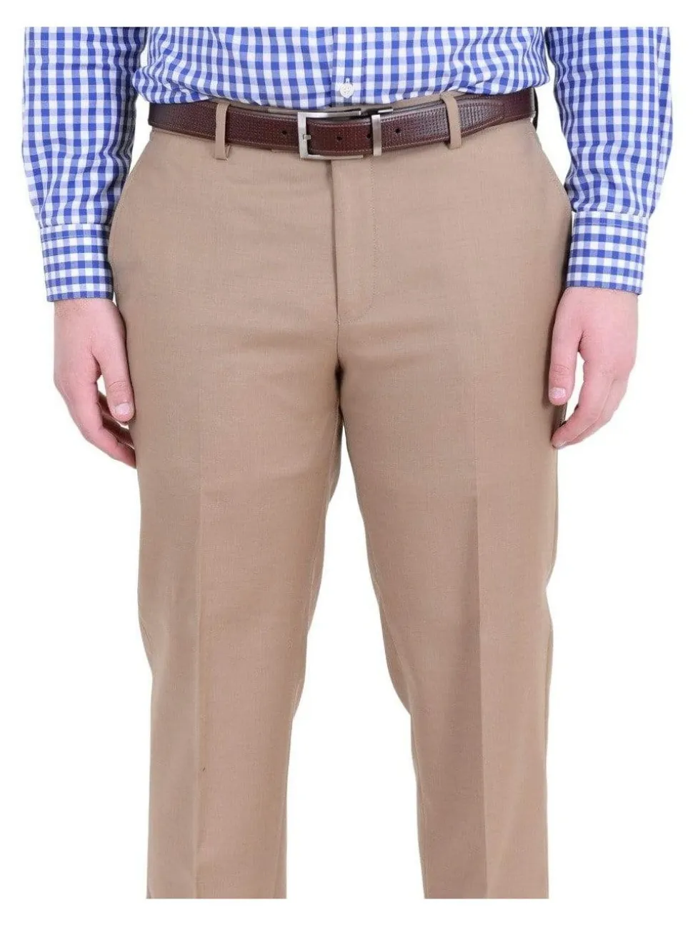 Mens Classic Fit Solid Tan Flat Front Wool Dress Pants