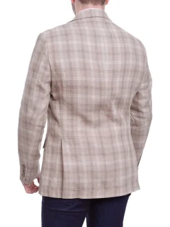 Mens Classic Fit Tan With White & Brown Plaid Two Button Linen Blazer Sportcoat