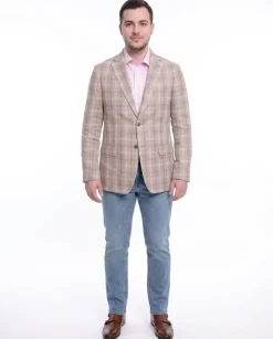 Mens Classic Fit Tan With White & Brown Plaid Two Button Linen Blazer Sportcoat