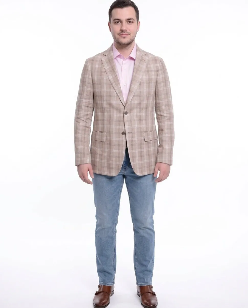 Mens Classic Fit Tan With White & Brown Plaid Two Button Linen Blazer Sportcoat