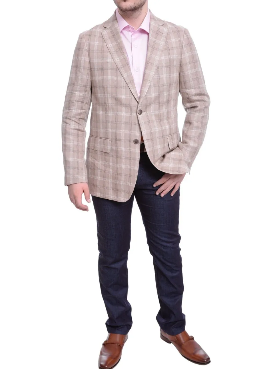 Mens Classic Fit Tan With White & Brown Plaid Two Button Linen Blazer Sportcoat