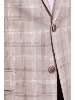 Mens Classic Fit Tan With White & Brown Plaid Two Button Linen Blazer Sportcoat