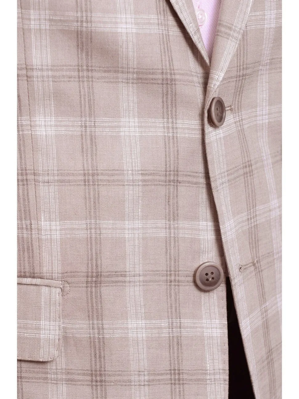 Mens Classic Fit Tan With White & Brown Plaid Two Button Linen Blazer Sportcoat