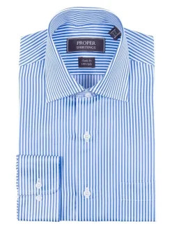 Mens Classic Fit White And Blue Striped 120's 2PLY Cotton Dress Shirt