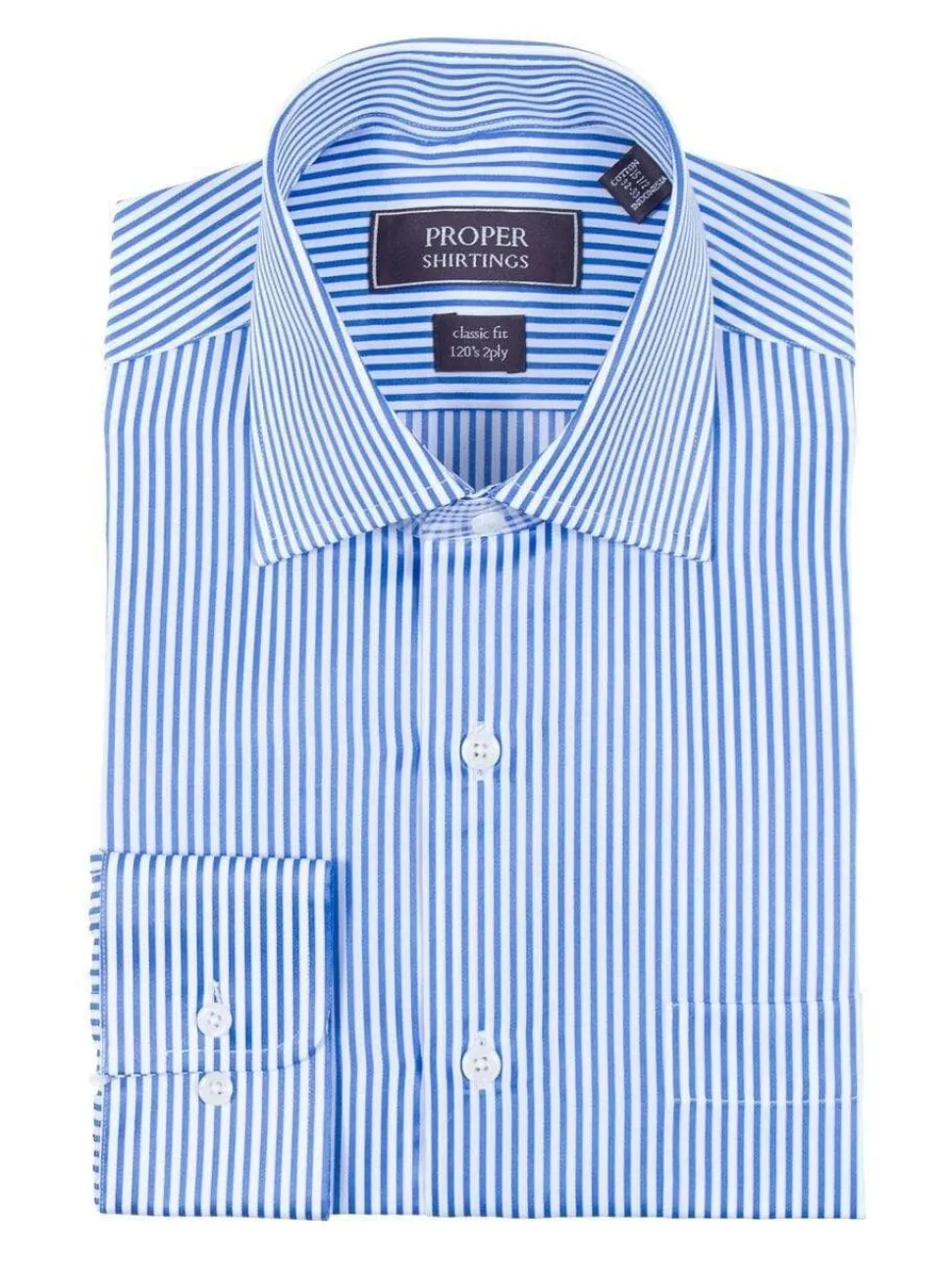 Mens Classic Fit White And Blue Striped 120's 2PLY Cotton Dress Shirt