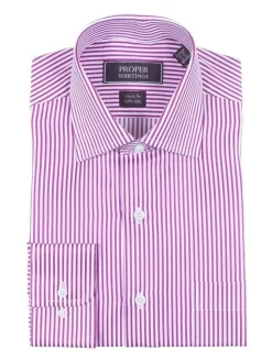 Mens Classic Fit White And Orchid Striped 120's 2PLY Cotton Dress Shirt