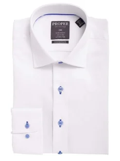 Mens Classic Solid White With Blue Buttons Spread Collar Cotton Dress Shirt