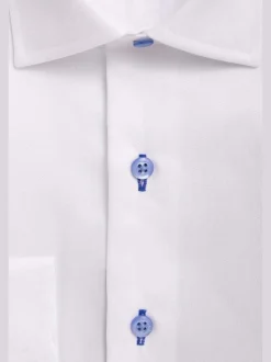 Mens Classic Solid White With Blue Buttons Spread Collar Cotton Dress Shirt