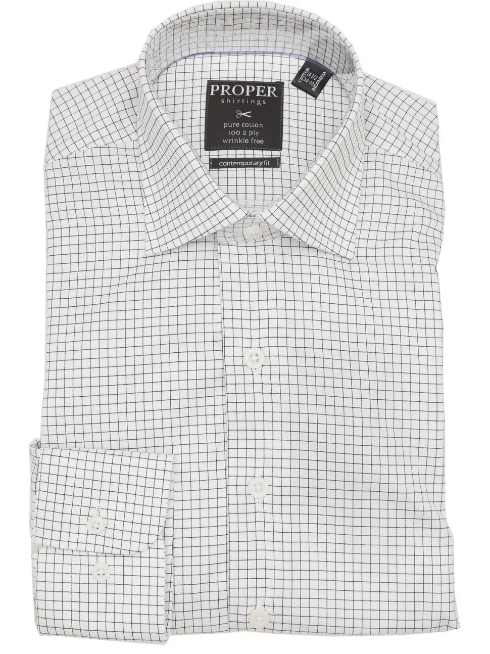 Men's Cotton Black & White Plaid Contemporary Fit Spread Collar Wrinkle Free Dress Shirt