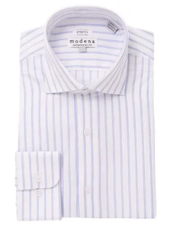 Mens Cotton Blend Blue Striped Slim Fit Spread Collar Dress Shirt
