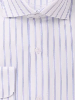 Mens Cotton Blend Blue Striped Slim Fit Spread Collar Dress Shirt