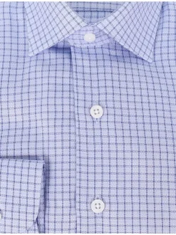 Mens Cotton Blue Check Slim Fit Spread Collar Wrinkle Free Dress Shirt