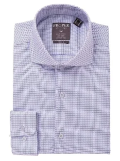 Mens 100% Cotton Blue Check Spread Collar Slim Fit Dress Shirt