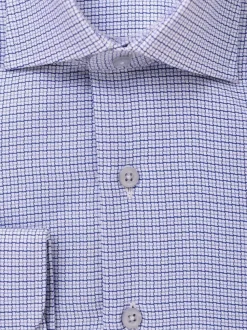 Mens 100% Cotton Blue Check Spread Collar Wrinkle Free Slim Fit Dress Shirt