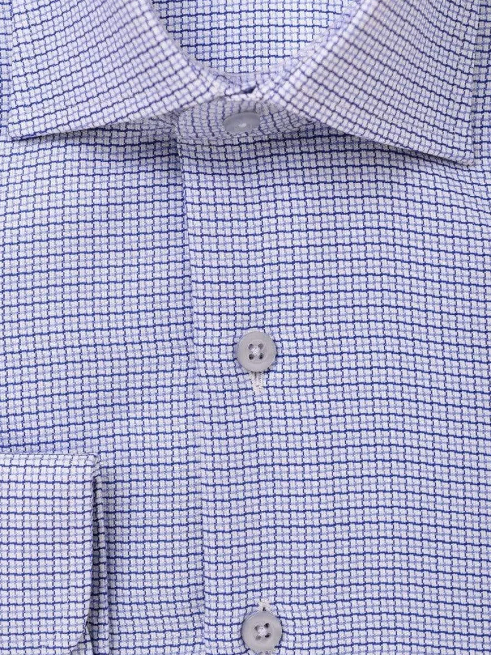 Mens 100% Cotton Blue Check Spread Collar Wrinkle Free Slim Fit Dress Shirt