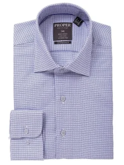 Mens 100% Cotton Blue Check Spread Collar Wrinkle Free Slim Fit Dress Shirt