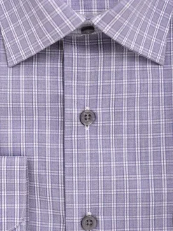 Mens Cotton Blue Plaid Check Spread Collar Classic Fit Dress Shirt