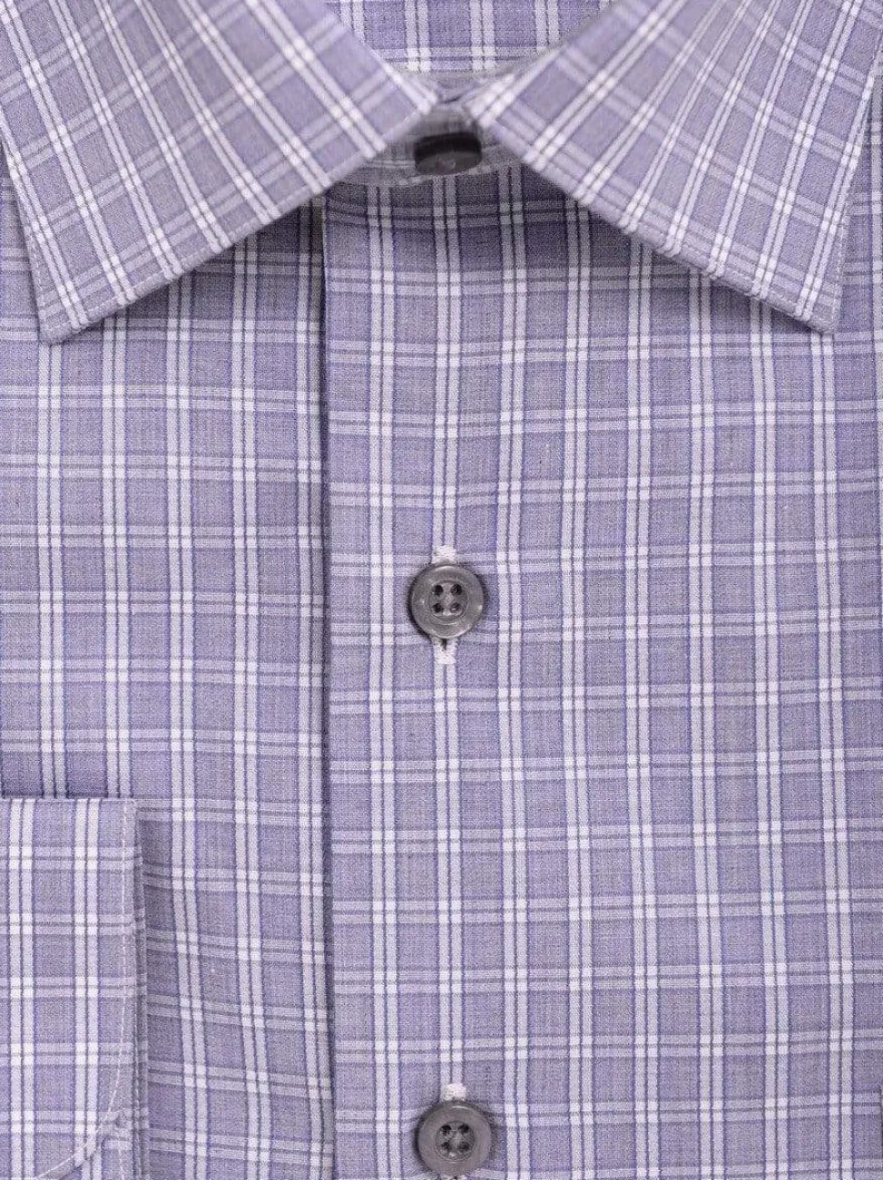 Mens Cotton Blue Plaid Check Spread Collar Classic Fit Dress Shirt