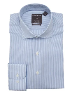 Mens Cotton Blue Striped Slim Fit Spread Collar Wrinkle Free Dress Shirt