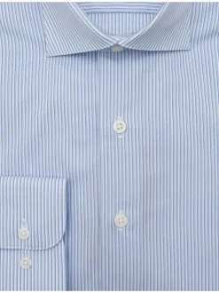 Mens Cotton Blue Striped Slim Fit Spread Collar Wrinkle Free Dress Shirt