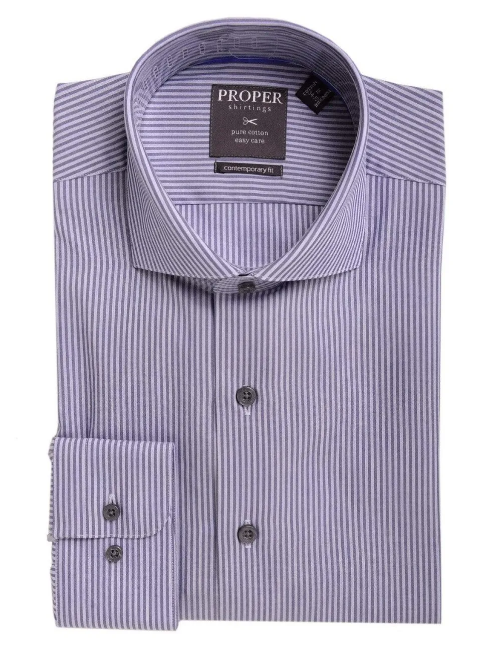 Mens Cotton Blue Striped Slim Fit Spread Collar Easy Care Dress Shirt