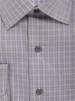 Men's Cotton Gray Plaid Check Classic Fit Spread Collar Dress Shirt