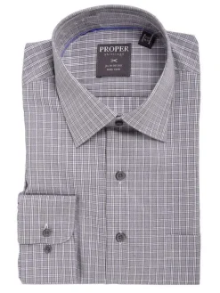 Men's Cotton Gray Plaid Check Classic Fit Spread Collar Dress Shirt