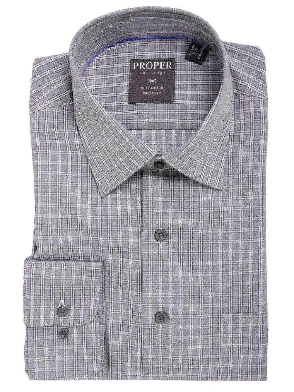 Men's Cotton Gray Plaid Check Classic Fit Spread Collar Dress Shirt