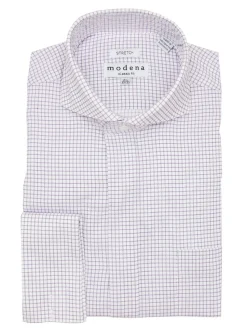 Mens Cotton Purple Check Classic Fit Cutaway Collar Stretch Dress Shirt