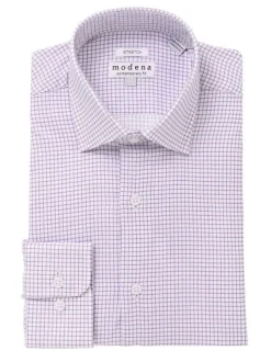 Mens Cotton Purple Check Slim Fit Spread Collar Stretch Dress Shirt