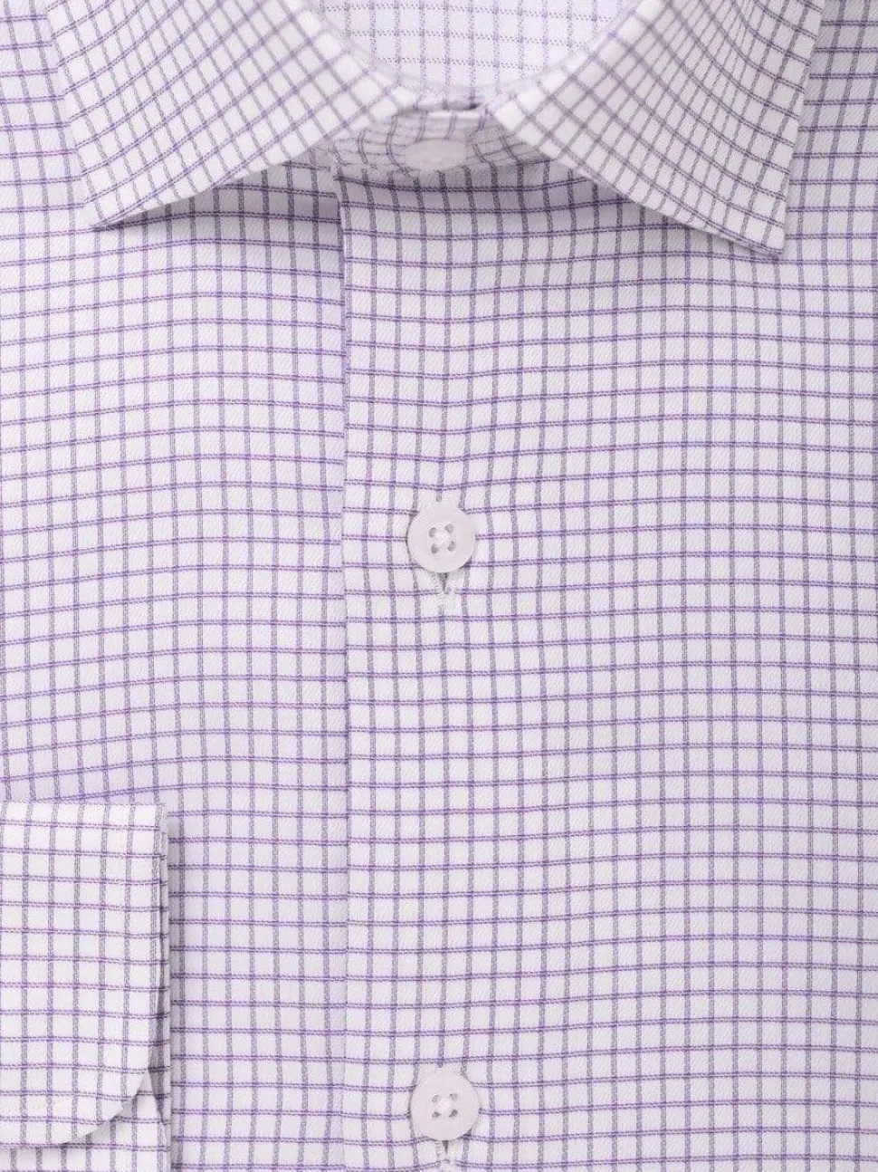 Mens Cotton Purple Check Slim Fit Spread Collar Stretch Dress Shirt