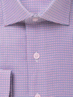 Mens 100% Cotton Red Blue Check Spread Collar Wrinkle Free Slim Fit Dress Shirt