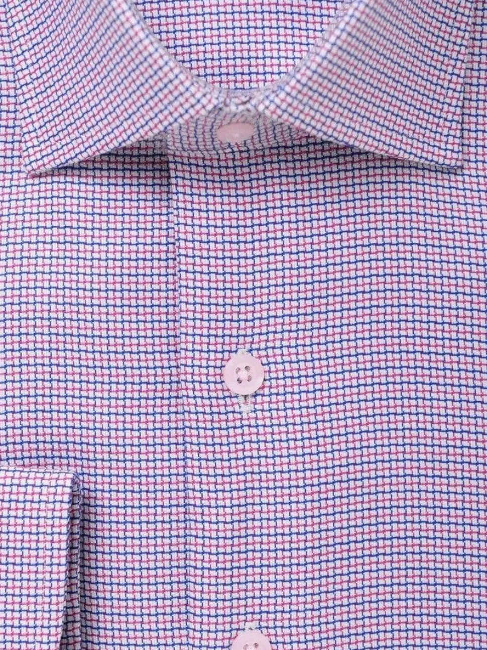 Mens 100% Cotton Red Blue Check Spread Collar Wrinkle Free Slim Fit Dress Shirt