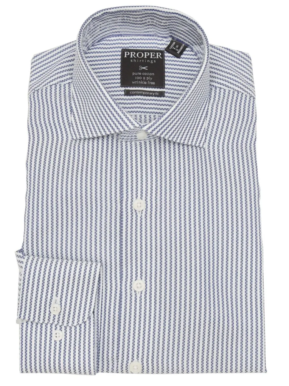 Mens Cotton White & Blue Striped Slim Fit Spread Collar Dress Shirt