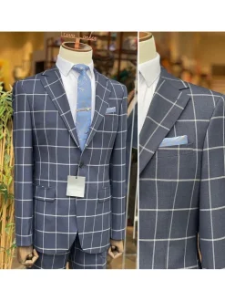 Mens Dark Blue Check Slim Fit 100% VBC Wool Prehemmed Suit