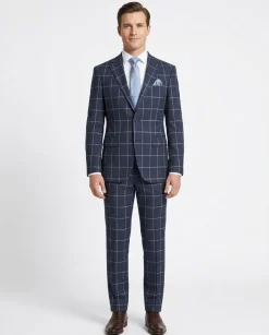 Mens Dark Blue Check Slim Fit 100% VBC Wool Prehemmed Suit