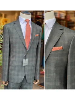 Mens Dark Green Plaid Slim Fit 100% VBC Wool Prehemmed Suit