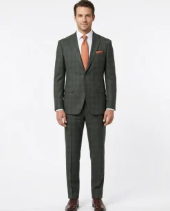 Mens Dark Green Plaid Slim Fit 100% VBC Wool Prehemmed Suit