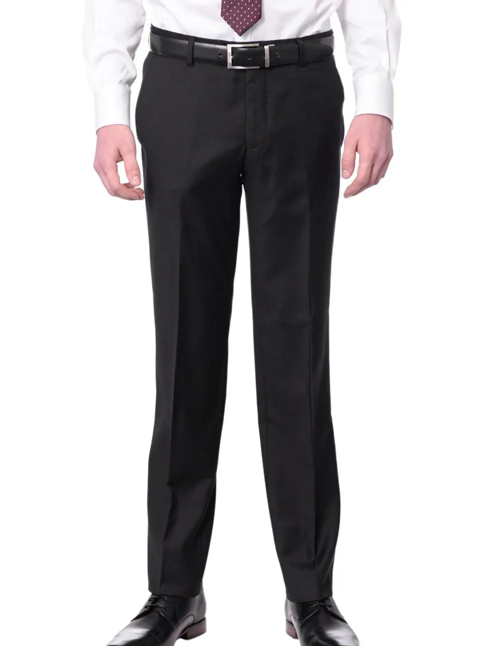 Mens European Slim Fit Solid Black Flat Front Wool Dress Pants