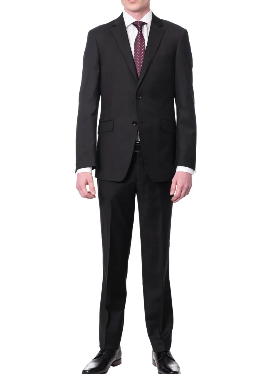 Men's Euro Slim Fit Solid Black Two Button 2 Piece 100% Wool Suit